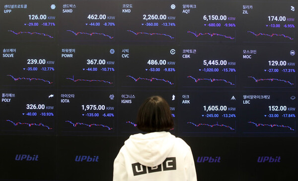비트코인 국내 거래 가격이 5천만대 까지 하락하고 암호화폐 가격이 줄폭락한 23일 서울 강남구 업비트 라운지에서 직원이 암호화폐 시세를 살피고 있다 / ⓒ뉴시스DB