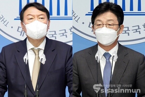 윤석열 전 검찰총장(좌)과 유승민 전 의원(우)이 국회 소통관에서 발언하고 있다. 사진 / 권민구 기자