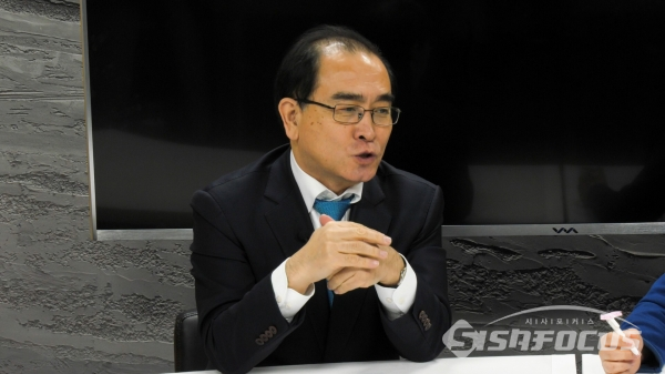 태영호 국민의힘 의원이 북한 문제를 두고 인터뷰를 하고 있다. 사진 / 공민식 기자