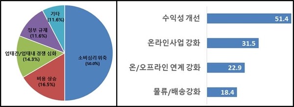 대한상의가 소매 유통기업 1000개사로 부터 받은 경영 애로요인(좌), 향후 중점추진전략 ⓒ대한상의