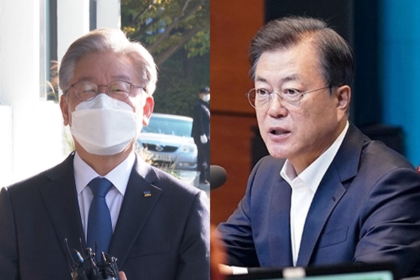 (좌측부터) 이재명 더불어민주당 대선후보, 문재인 대통령. 사진 / 시사포커스DB, ⓒ청와대