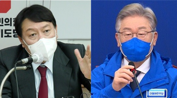 검찰총장 출신의 윤석열 국민의힘 대선후보(좌)와 대장동 특혜비리 의혹에 휘말린 대장동 개발사업을 추진한 당시 성남시장이었던 이재명 더불어민주당 대선후보(우). 시사포커스DB