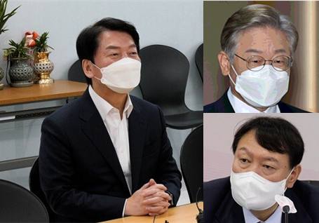 안철수 국민의당 대선후보가 이재명 더불어민주당 대선후보와 윤석열 국민의힘 대선후보를 겨냥 "우물 밖의 세상을 모르는 국내용‧내수용 정치인"이라면서 "과학기술에 대한 이해도 전혀 없어 보인다"고 10일 비판했다. 사진 / 김기범 기자(안철수), 시사포커스DB(이재명, 윤석열)