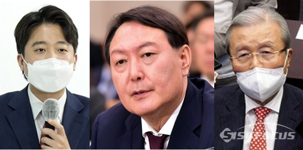(왼쪽부터) 이준석 국민의힘 대표, 윤석열 국민의힘 대선후보, 김종인 전 비상대책위원장. 시사포커스DB