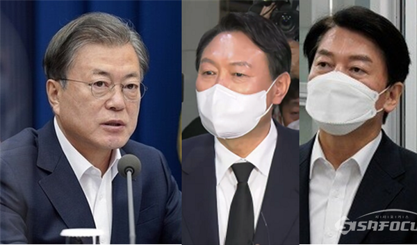 (왼쪽부터) 문재인 대통령, 윤석열 국민의힘 대선후보, 안철수 국민의당 대선후보. 시사포커스DB