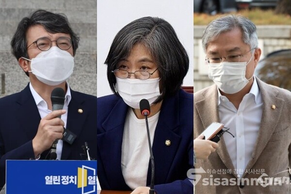 (좌측부터) 열린민주당 김의겸 의원, 강민정 원내대표, 최강욱 대표. 사진 / 시사신문DB, ⓒ김의겸 페이스북