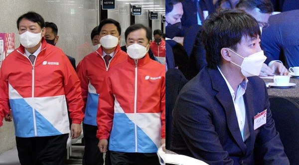 윤석열 국민의힘 대선후보(앞줄좌측)와 김병준(앞줄우측)·김기현(뒷줄가운데) 상임선대위원장이 걸어가고 있는 모습(좌측 사진). 이준석 국민의힘 대표(우측 사진). 시사포커스DB