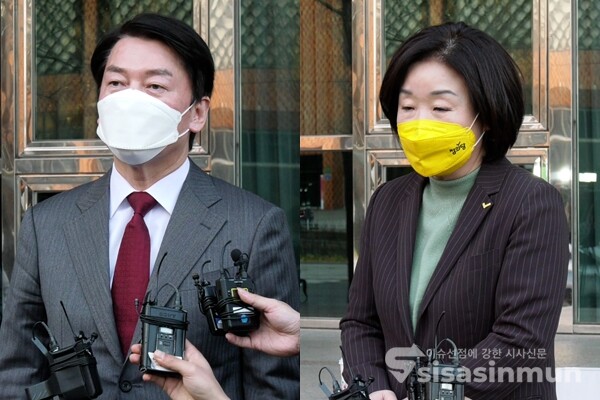 안철수 국민의당 대선후보(좌)와 심상정 정의당 대선후보(우)가 6일 오후 서울 여의도 켄싱턴호텔에서 이날 양당 대선후보 회동과 관련해 기자들의 질문에 답하고 있다. 사진 / 시사신문DB