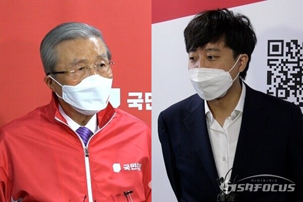 김종인 국민의힘 중앙선거대책위원회 총괄선대위원장(좌)과 이준석 대표(우). 사진 / 시사포커스DB