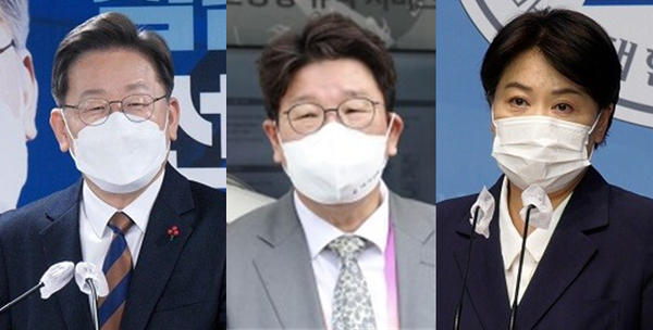 (왼쪽부터) 이재명 더불어민주당 대선후보, 권성동 국민의힘 사무총장, 윤희숙 선대위 내기대위 위원장. 시사포커스DB