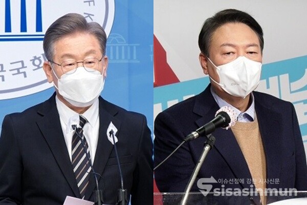 이재명 더불어민주당 대선후보(좌)와 윤석열 국민의힘 대선후보(우). 사진 / 시사신문DB