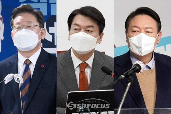 (왼쪽부터) 이재명 더불어민주당 대선후보, 안철수 국민의당 대선후보, 윤석열 국민의힘 대선후보. 시사포커스DB