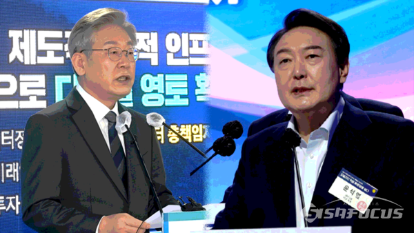 이재명 더불어민주당 대선후보(좌)와 윤석열 국민의힘 대선후보(우). 시사포커스DB