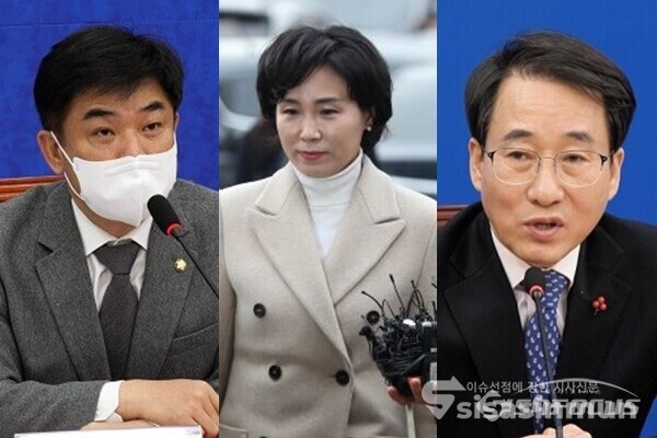 이재명 더불어민주당 대선후보의 배우자인 김혜경씨(가운데) 의혹을 보도한 언론에 경고하는 민주당 선대위 입장문이란 글을 SNS에 올렸다가 갑자기 자진삭제한 김병욱 민주당 선대위 직능본부장(좌)과 이원욱 선대위 조직본부장(우). 사진 / 시사신문DB