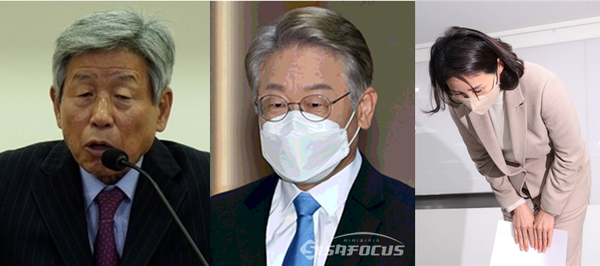 (왼쪽부터) 더불어민주당 원로인 유인태 전 국회 사무총장, 이재명 민주당 대선후보, 배우자인 김혜경씨. 시사포커스DB