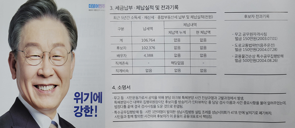 이재명 더불어민주당 대선 후보의 선거 공보물이 각 가정에 도착하고 있다. 공보물에 기재된 후보자 정보공개 내용. ⓒ이재명 후보 선거공보물