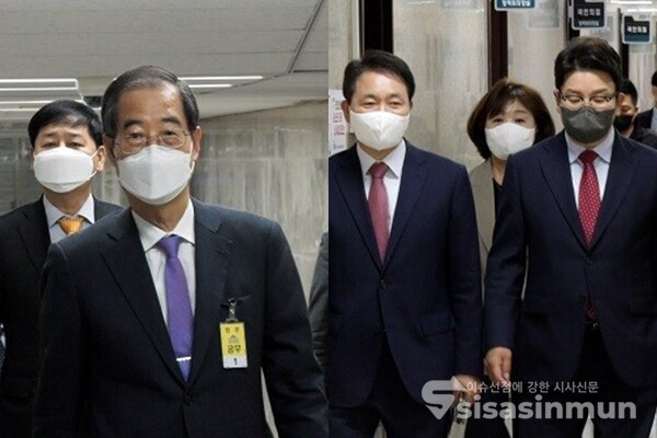 한덕수 국무총리(좌)와 국민의힘 성일종 정책위의장, 권성동 원내대표(우). 사진 / 시사신문DB