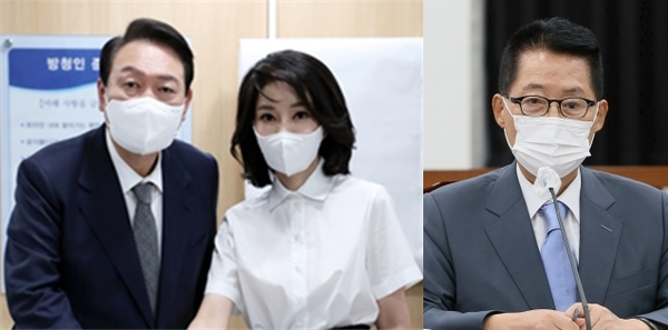 (왼쪽부터) 윤석열 대통령과 그의 배우자인 김건희 여사, 더불어민주당에 복당을 신청한 박지원 전 국정원장. 뉴시스ⓒ(좌) 시사포커스DB(우)
