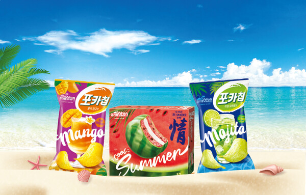 오리온이 베스트셀러를 여름 이색한정판으로 출시했다. 수박맛 초코파이, 훌라망고·라임모히토맛 포카칩. ⓒ오리온