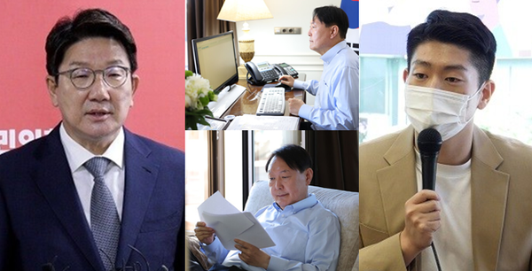 대통령실이 윤석열 대통령의 나토 정상회의 참석과 관련해 'B컷 사진'(가운데 사진)을 공개하여 '빈 모니터 화면과 빈 종이' 연출 사진 논란이 일었다. 이에 김재섭 국민의힘 서울도봉갑 당협위원장(우측 사진)이 대통령실 실무진을 향해 "엄청난 실수를 한 것"이라고 지적했으며, 권성동 국민의힘 원내대표(좌측 사진)도 "참모들이 좀 문제가 많다"고 비판했다. 사진 / ⓒ대통령실 제공(가운데), 시사포커스DB(좌, 우)