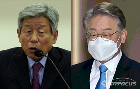 더불어민주당 원로 인사인 유인태 전 국회 사무총장(좌)과 이재명 민주당 대선후보(우). 시사포커스DB