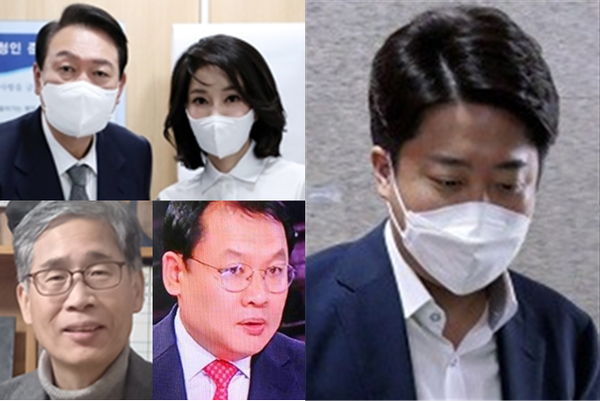 (왼쪽 위부터 시계방향으로) 윤석열 대통령, 김건희 여사, 이준석 국민의힘 대표, 김건희 팬클럽 '건희사랑' 회장을 맡고 있는 강신업 변호사, 윤 대통령을 공개 지지 선언했던 신평 변호사. 시진 / ⓒ강신업 페이스북, ⓒ신평 블로그, 시사포커스DB