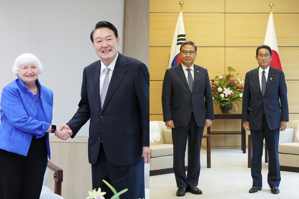 윤석열 대통령이 19일 오후 서울 용산 대통령실 청사에서 재닛 옐런 미국 재무장관과 만나 악수하고 있다.(좌) ⓒ대통령실사진기자단 / 박진 외교부 장관이 19일 오후 일본 총리 관저에서 기시다 후미오 총리를 예방한 뒤 기념촬영을 하고 있다.(우) ⓒ외교부