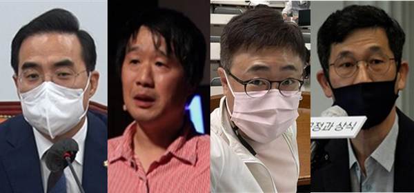(왼쪽부터) 박홍근 더불어민주당 원내대표, '조국흑서' 저자인 서민 단국대 의과대학 교수, 정치평론가로 활동 중인 장성철 공론센터 소장, 진중권 전 동양대 교수. 시사포커스DB