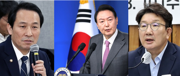 (왼쪽부터) 우상호 더불어민주당 비상대책위원장, '취임 100일' 기자회견을 하고 있는 윤석열 대통령, 권성동 국민의힘 원내대표. 사진 / ⓒ뉴시스(중), 시사포커스DB(좌,우)