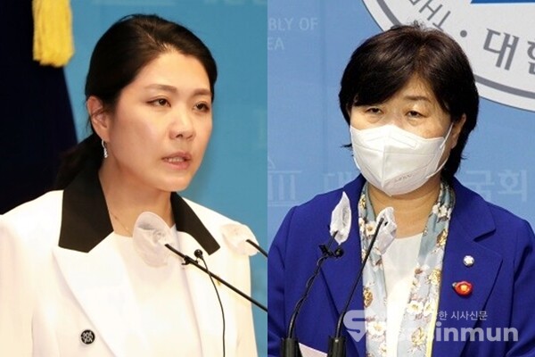 신현영 민주당 대변인(좌)과 서영교 민주당 최고위원 후보(우). 사진 / 오훈, 권민구 기자