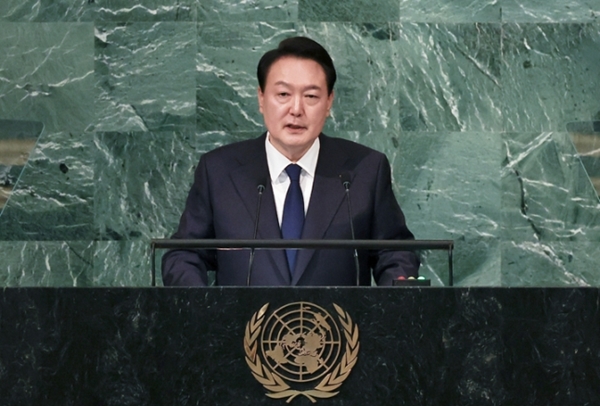 윤석열 대통령이 20일(현지시간) 뉴욕 유엔 총회장에서 기조연설을 하고 있다. ⓒ뉴시스