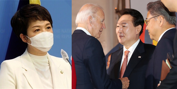 김은혜 대통령실 홍보수석(좌)이 22일 해외순방 중에 벌어진 윤석열 대통령(우)의 '비속어' 논란에 대해 설명과 해명을 하자 야권에서 총 반발음을 내고 나섰다. 사진 / 시사포커스DB(좌), 뉴시스(우)