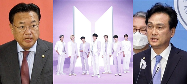(왼쪽부터) 정진석 국민의힘 비상대책위원장, 그룹 방탄소년단(BTS) 멤버들, 안민석 더불어민주당 의원. 사진 / 시사포커스DB, ⓒ빅히트뮤직(중간)