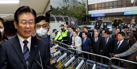 이재명 더불어민주당 대표(좌), 검찰이 24일 민주연구원 압수수색을 재시도했지만 민주당 의원들은 민주당사 앞을 지키며 검찰의 진입을 막아섰다. 사진 / 시사포커스DB(좌), ⓒ뉴시스(우)