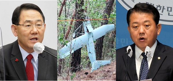(왼쪽부터) 주호영 국민의힘 원내대표, 과거 강원도 일대에 추락했던 북한 무인기, 국회 국방위원회 소속인 김병주 더불어민주당 의원. 시사포커스DB