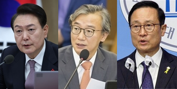 (왼쪽부터) 윤석열 대통령, 전재수 더불어민주당 의원, 홍영표 민주당 의원. 시사포커스DB
