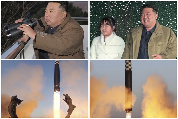 상좌는 김정은이 지난16일 평양 순안 국제비행장에서 대륙간탄도미사일(ICBM)시험 발사를 지켜보는보습. 우는 너가 알것이고, 밑은 지난 16일 미사일(ICBM)시험 발사 모습. 사진 / ⓒ뉴시스