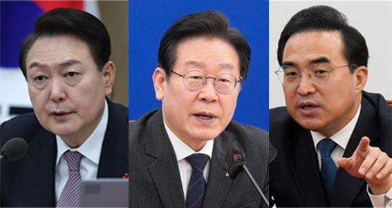 (왼쪽부터) 윤석열 대통령, 이재명 더불어민주당 대표, 박홍근 민주당 원내대표. 시사포커스DB