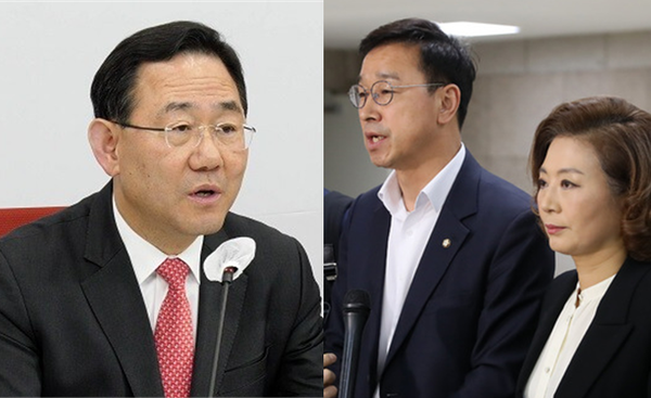 주호영 국민의힘 원내대표(좌측), 더불어민주당 위성곤 후쿠시마 원전 오염수 방출 저지 대응단장과 양이원영 간사가 6일 서울 김포공항에서 일본 출국길에 오르며 취재진의 질문에 답하고 있다(우측). 사진 / 시사포커스DB(좌), ⓒ뉴시스(우)