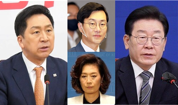 (왼쪽부터) 김기현 국민의힘 대표, 더불어민주당 소속의 장경태 최고위원(중간 위), 양이원영 의원(중간 아래), 이재명 대표. 사진 / 시사포커스DB