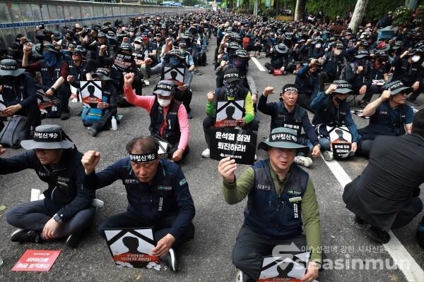민주노동조합총연맹(민주노총) 건설노조 조합원들이 윤석열 정부 규탄 총력투쟁을 갖고 있다. [사진 /오훈 기자]