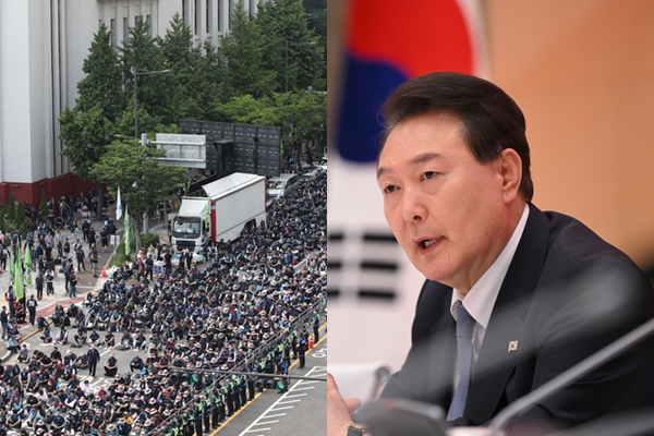 전국민주노동조합총연맹 조합원들이 31일 오후 서울 중구 세종대로 일대에서 ‘윤석열 정권퇴진 및 전국동시다발 민주노총 총력투쟁 결의대회’를 하고 있다. / 5월 31일 윤석열 대통령은 사회보장 전략회의를 주재했다. ⓒ뉴시스(좌), 대통령실(우).