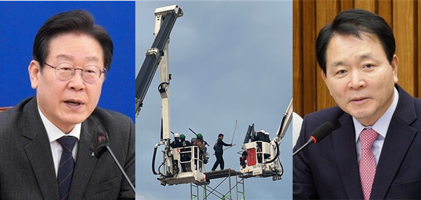 이재명 더불어민주당 대표(좌), 한국노총 전국금속노동조합연맹이 철제 흉기를 들고 고공 농성을 벌이고 있는 모습(중), 성일종 국민의힘 의원(우). 사진 / ⓒ뉴시스(중), 시사포커스DB(좌, 우)