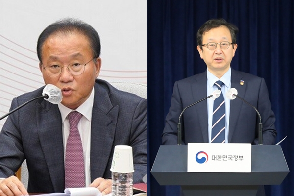 윤재옥 국민의힘 원내대표가 발언하고 있다.(좌), 정승윤 국민권익위원회 부패방지 부위원장 겸 사무처장이 1일 오전 서울 종로구 정부서울청사에서 간부 자녀 특혜채용 의혹이 제기된 선거관리위원회에 대한 채용 전수조사 브리핑을 하고 있다. ⓒ시사신문(좌), 뉴시스(우)