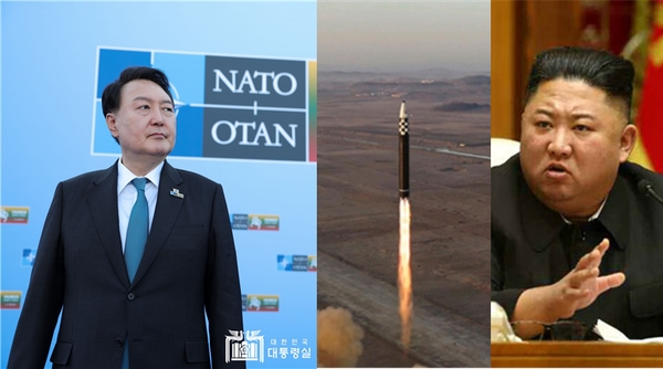 대서양조약기구(NATO·나토) 정상회의 참석차 12일 리투아니아를 방문 중에 있는 윤석열 대통령(좌)과 북한의 김정은 국무위원장(우), 가운데 사진은 지난 2023년 3월16일 북한이 평양 순안 일대에서 쏘아올린 대륙간탄도미사일(ICBM). 사진 / ⓒ대통령실(좌), ⓒ뉴시스-조선중앙통신(중, 우)