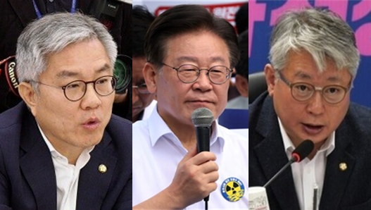 (왼쪽부터) 최강욱 더불어민주당 의원, 이재명 민주당 대표, 조응천 민주당 의원. 시사포커스DB