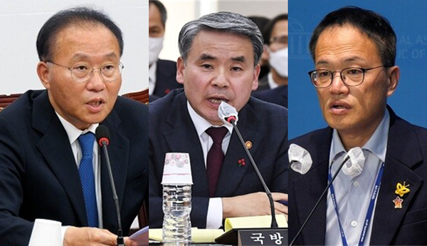 (왼쪽부터) 윤재옥 국민의힘 원내대표, 이종섭 국방부 장관, 박주민 더불어민주당 의원. 시사포커스DB
