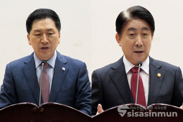 19일 국회 의원회관에서 열린 국민의힘 박성중 의원실 주최 가짜뉴스 근절 입법청원 긴급 공청회에서 발언하고 있는 김기현 국민의힘 대표(좌)와 이동관 방송통신위원장(우). 사진 / 이훈 기자