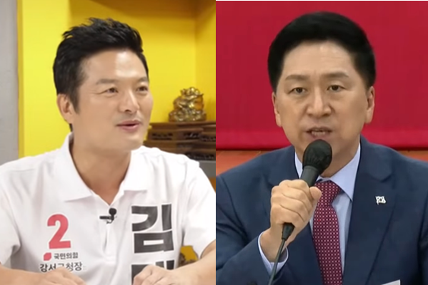 국민의힘 김태우 서울강서구청장 보궐선거 후보(좌)와 김기현 대표(우). 사진 / 시사포커스TV