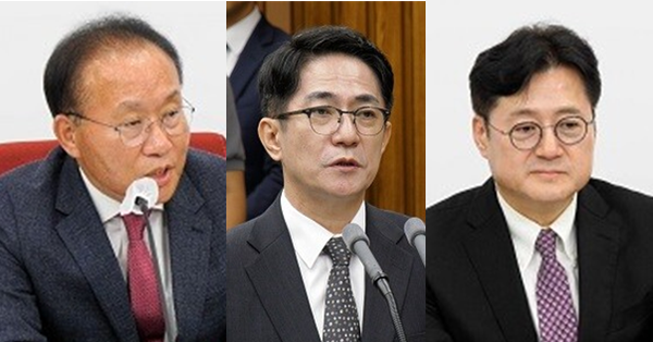 (왼쪽부터) 윤재옥 국민의힘 원내대표, 이균용 대법원장 후보자, 홍익표 더불어민주당 원내대표. 시사포커스DB